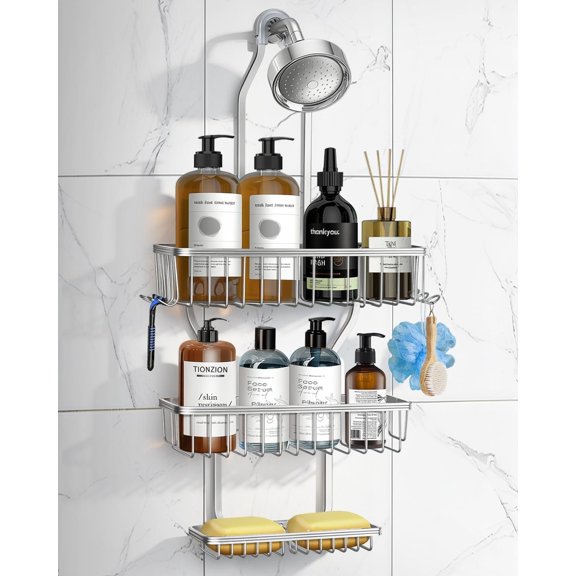 Shower - Never Rust Shower Organizer - Over the ShowerHead with Soap Basket and 6 Hooks for Razor/Sponge (Frosted )