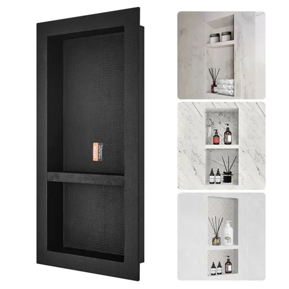 Shower Niche 16x32 Inch Double Shelf Wall Insert Recessed Soap Storage Organizer Black