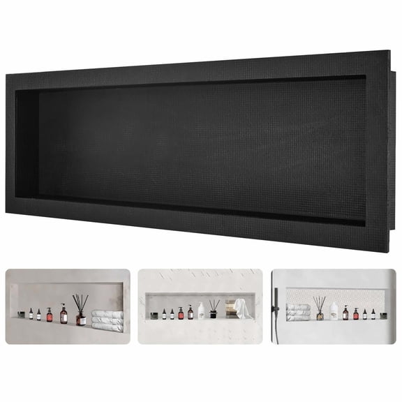 Shower Niche 16x50 Inch, Recessed Tile Inlay, Waterproof Soap Organizer, Single Shelf, Square Corners, Black Bathroom Recess