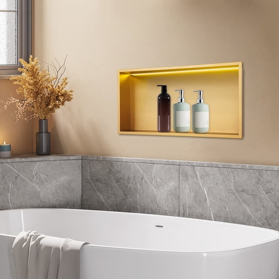 Shower Niche, 24x12 Inch Gold LED Bathroom Shelf with Transformer, 304 Stainless Steel Recessed Wall Niche for Shampoo, Soap, Kitchen, 4000K Light