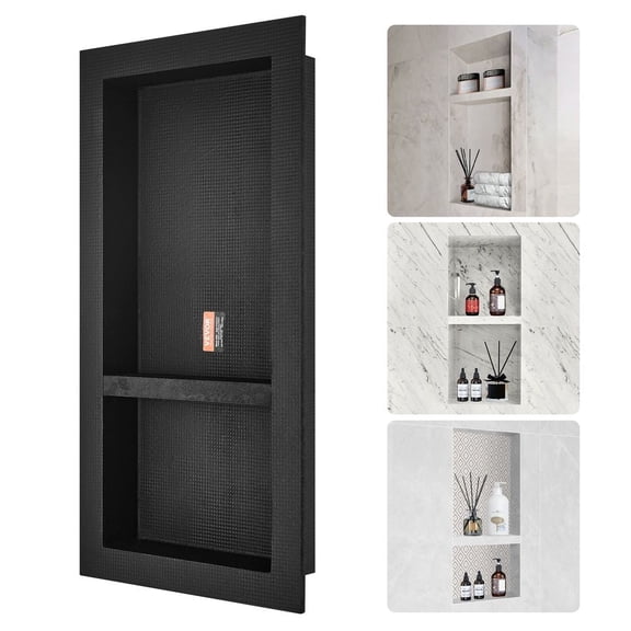 Shower Niche Ready for Tile 16" x 32", Double Shelf Organizer, Square Corners Wall-inserted Niche Recessed, Sealed Protection Modern Soap Storage Niche for Shower Bathroom, Black