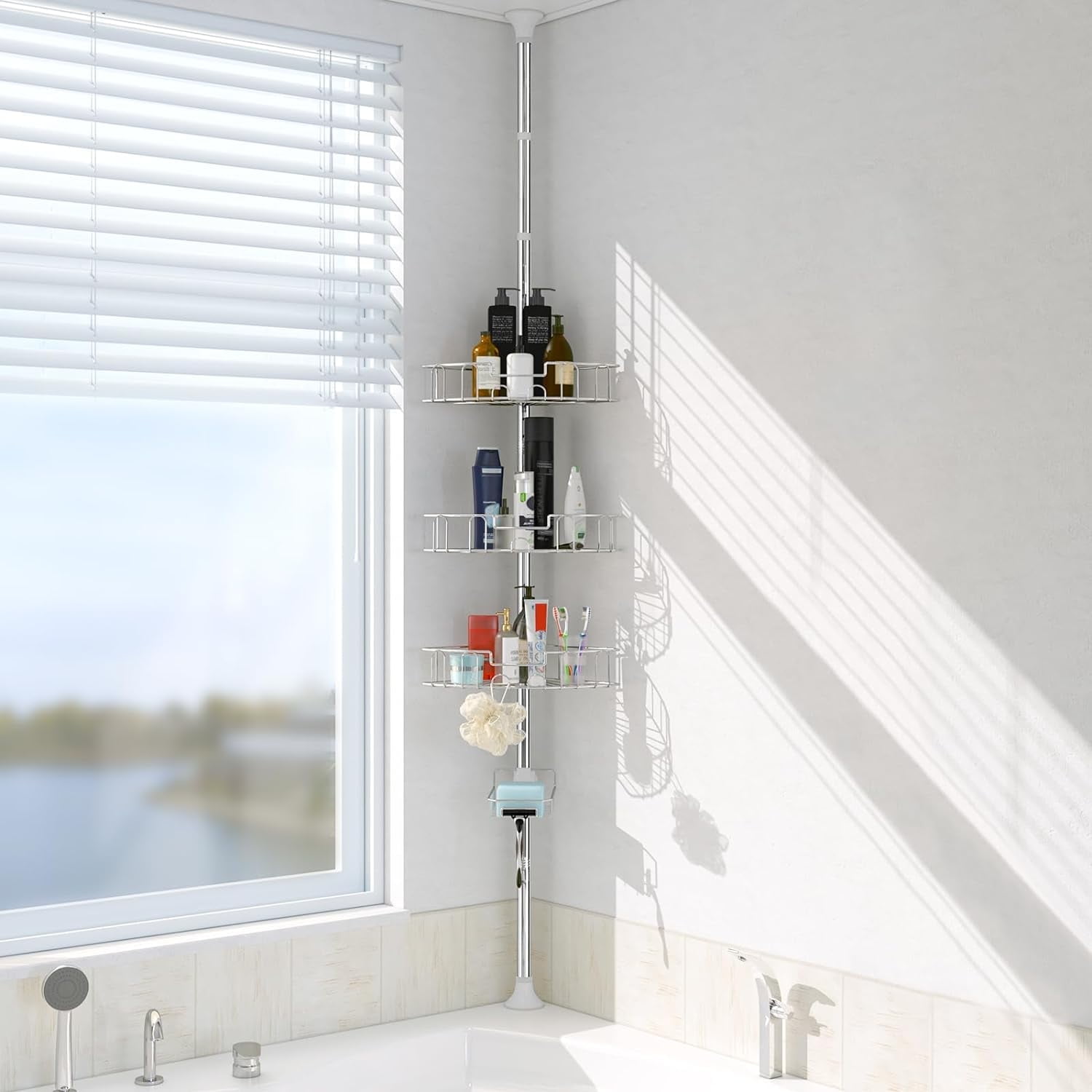 DEROFIT Shower Organizer Caddy 39-125" Stainless Steel Shower Shelves Rack for Inside Shower Bathroom Bathtub Caddy Rustproof Tension Pole Silver