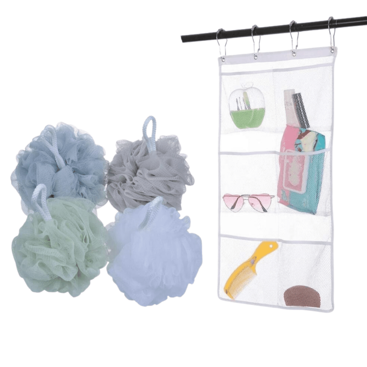 Shower Organizer, Hanging Mesh Storage Bag With 4Pcs Bath Shower Loofah ...