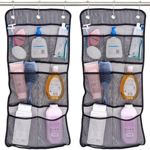 Shower Organizer, Shower Caddy or Bathroom Organizer with Quick Drying Mesh, 7 Pockets to Hold Shampoo, Soap, Loofah, and Cruise Ship Essentials, 14 Inch by 30 Inch, White, 2 Pack