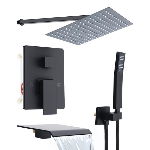 Shower Panel System with 10" Rainfall Head, Waterfall Tub Spout & Brass Handshower, Rough-in Valve & Trim Included, Aluminum Alloy, Brushed Finish for Home & Hotel