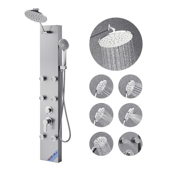 Shower Panel System, 49" Stainless Steel Shower Tower with Rainfall Shower Head, 3 Functions, 6 Body Jets & Handheld Shower