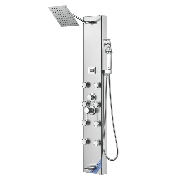 Shower Panel System, 5 Modes, Digital Display, Massage Jets, Tub Spout, Handheld Shower, Stainless Steel, 59" Hose, Wall Mount