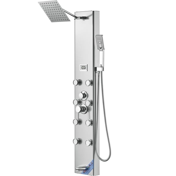 Shower Panel System, 5 Shower Modes, Digital Display Shower Panel Tower, Rainfall, 8 Massage Jets, Tub Spout, 3-Setting Handheld Shower Head 59" Hose, Stainless Steel Wall-Mounted Shower S