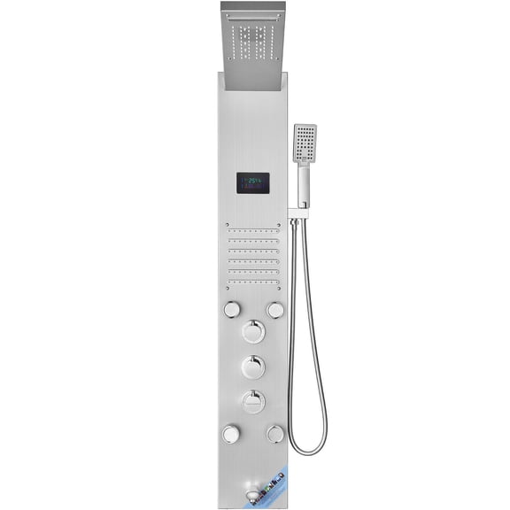 6-in-1 Shower Panel System LED Rainfall Shower Tower w/ 5 Massage Jets, Handheld & Tub Spout Hydroelectric Power, 304 Stainless Steel, Wall-Mounted for Spa Experience