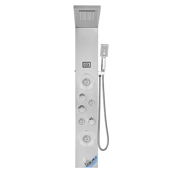 Shower Panel System, 6 Modes, LED Display, Massage Jets, Tub Spout - Stainless Steel Wall Mount