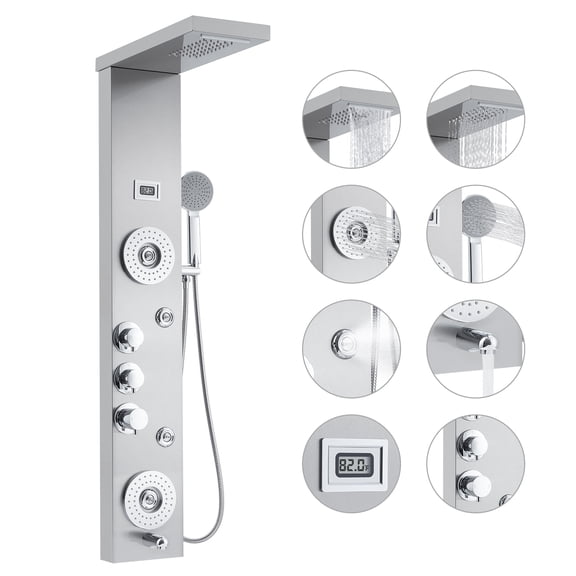 Shower Panel System, 6 In One Shower System, Led & Display Shower Panel Tower, Rainfall, Waterfall, Handheld Shower Head 4 Output Modes, Stainless Steel Wall-Mounted Shower Set, Silver