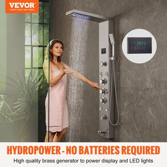 Shower Panel System,6 Shower Modes,LED&Screen Hydroelectricity Shower Panel Tower,Rainfall,Waterfall,8 Massage Jets,Tub Spout,Handheld Shower,Stainless Steel Wall-Mounted Shower Set