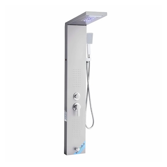 Shower Panel System with Rainfall, Waterfall, LED - 53in Brushed Stainless Steel - 5 Function Shower Tower - Wall Mount Massage System with Handheld & Tub Spout