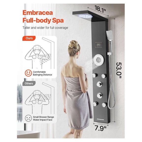 Shower Panel System with Rainfall Head, LED, 53" Stainless Steel, 6 Functions, Wall Mount, Body Jets & Handheld - Bathroom Remodel