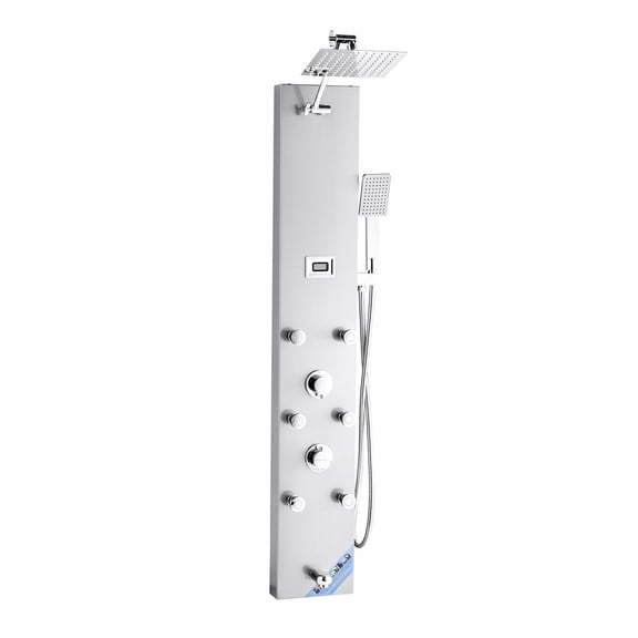 Shower Panel System with Rainfall Shower Head, 49 Inch Stainless Steel Tower, LED, 4 Function Faucet, Wall Mount Massage Jets