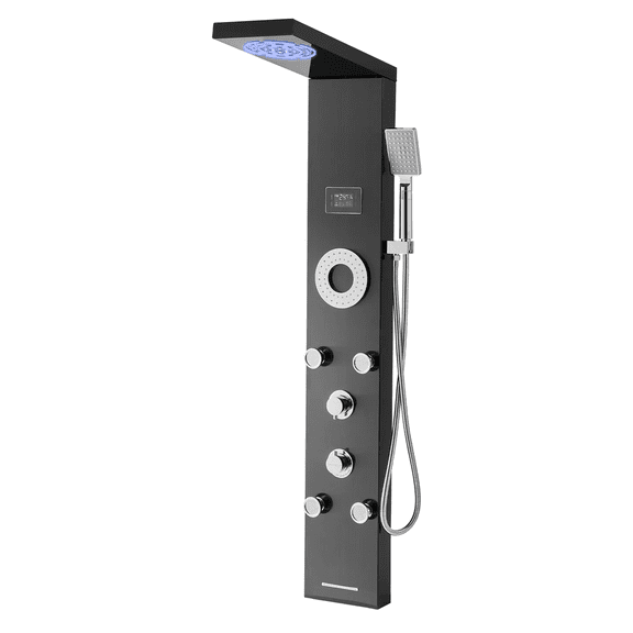 Shower Panel System with Rainfall Shower Head, 53in Stainless Steel Tower, 6-Function, LED, Wall Mount, Body Jets & Handheld - Bathroom Remodel