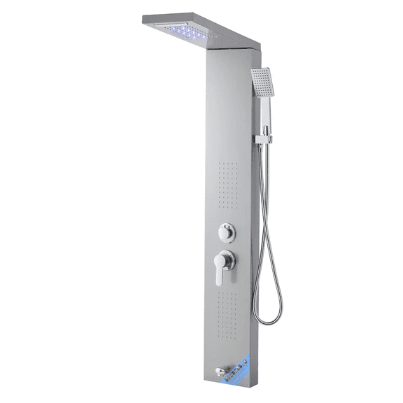 Shower Panel System with Rainfall Waterfall, LED, 53in Stainless Steel, 5-Function, Wall Mount