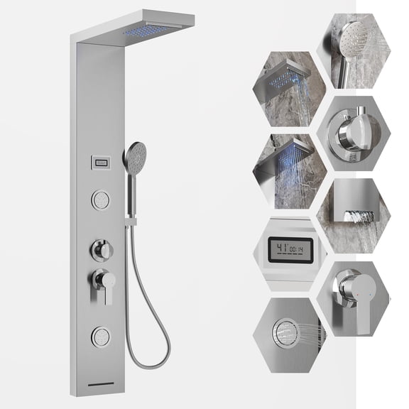 Shower Panel Tower Brushed Nickel – 6-in-1 Rainfall & Waterfall Head, Handheld, 2 Body Jets, Tub Spout, Digital Temperature Display – Wall-Mounted Modern Bathroom Shower Set