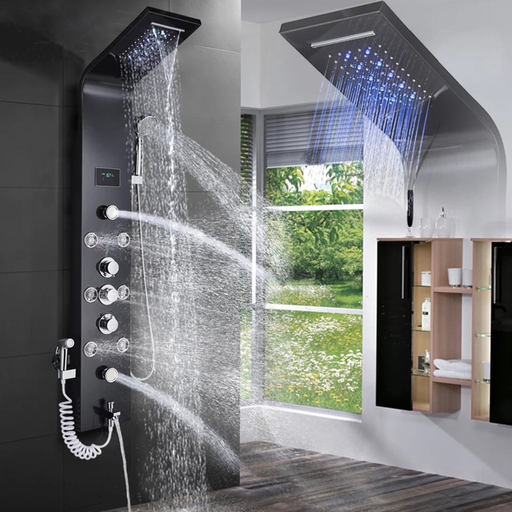 Shower Panel Tower LED Shower System with 6 Functions Unique Powerful hydromassage and Bidet Tap Shower Tower Wall Mounted Black