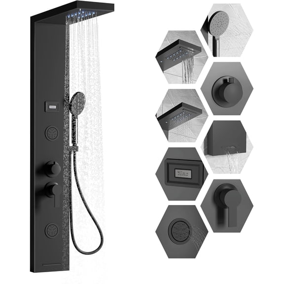 Shower Panel Tower System - 304 Stainless Steel Rainfall Waterfall Head LED Temperature Display 3 Function Handheld Shower Brushed Finish