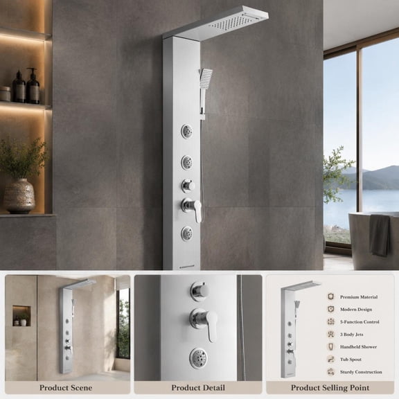 Shower Panel Tower System, 53-inch, with Rainfall Waterfall Shower Head, 5-Function Faucet, 3 Body Jets