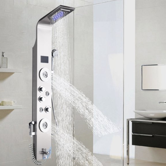Shower Panel Tower System Brushed Nickel with 6-Function LED Rainfall Waterfall Shower Handheld Shower Tub Spout And Massage Jets Spray Gun for Bathroom Wall Mounted