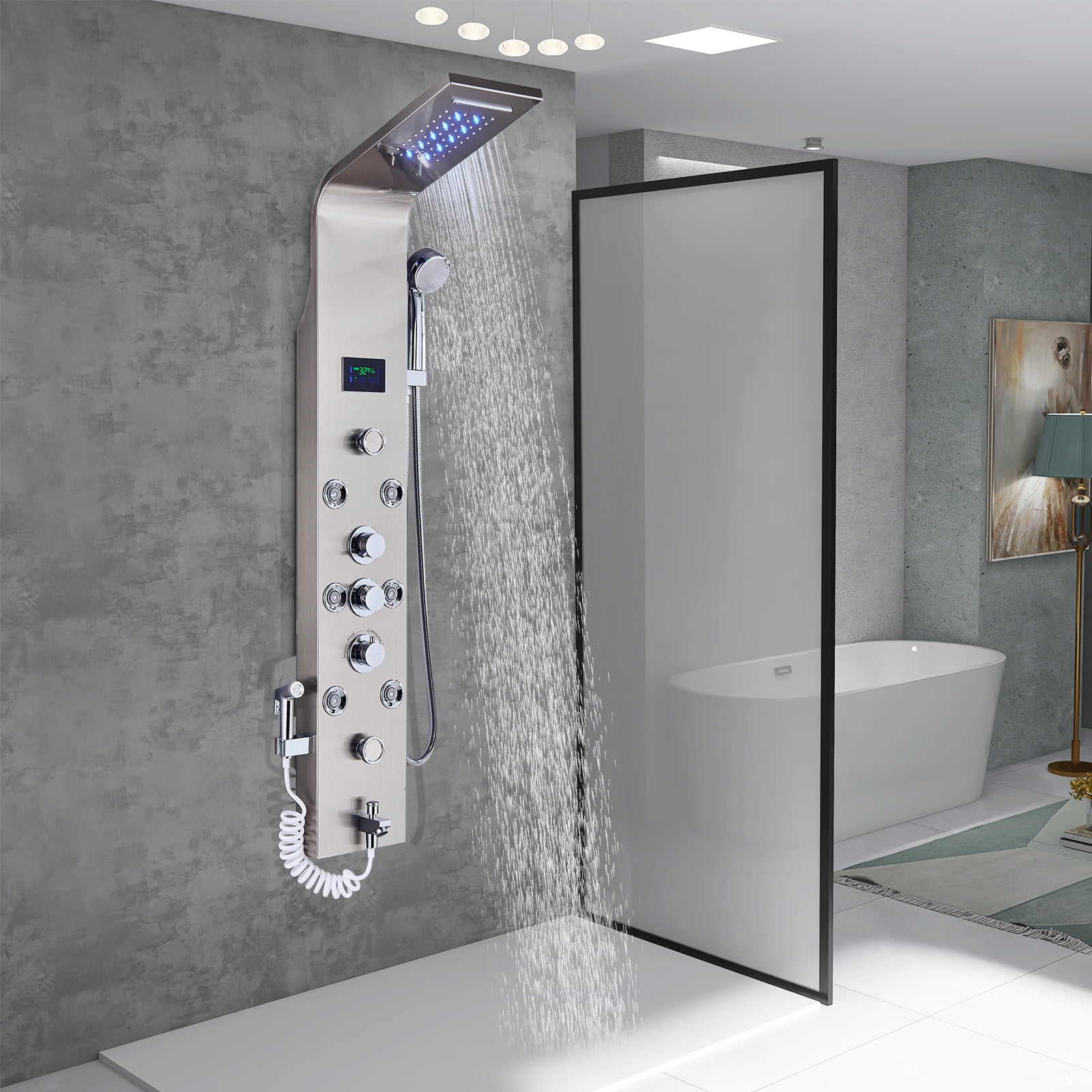 Shower Panel Tower System LED Brushed Nickel Multi function Shower with Waterfall Shower Rainfall Shower Hand Shower Bathtub Spout And Jet Massage