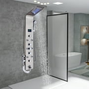 Shower Panel Tower System LED Brushed Nickel Multi-function Shower with Waterfall Shower Rainfall Shower Hand Shower Bathtub Spout And Jet Massage Spray Gun for Bathroom Wall Mounted