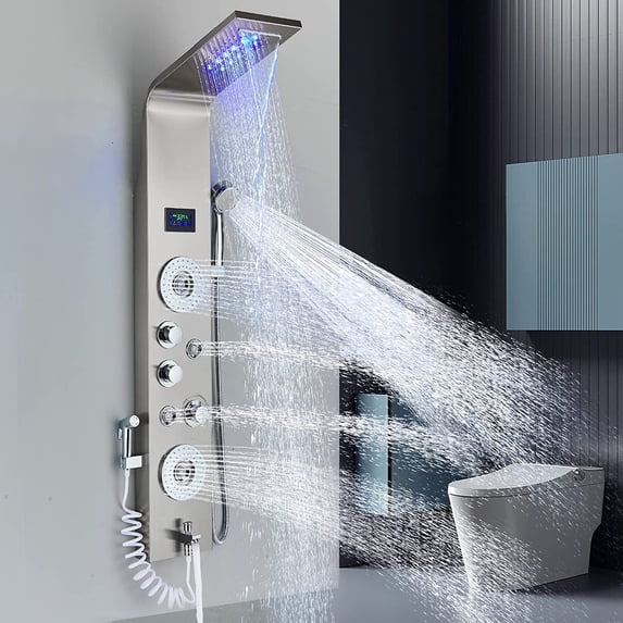 Shower Panel Tower System LED Rain&Waterfall Massage Jet Sprayer Stainless Steel