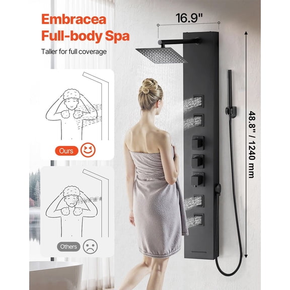 Shower Panel Tower System with Rainfall Shower Head,49 in Brushed Stainless Steel Shower Column,4-Function Faucet,Wall-Mount Rain Massage System,with 4 Body Jets,Handheld,and Tub Spout