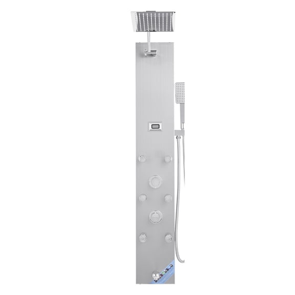 Shower Panel Tower System with Rainfall Shower Head,LED,49 in Brushed Stainless Steel Shower Column,4-Function Faucet,Wall-Mount Rain Massage System with 6 Body Jets,Handheld,and Tub Spout