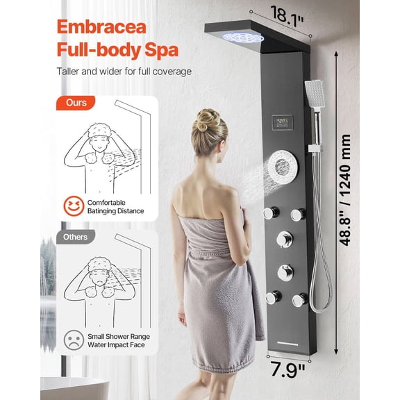 Shower Panel Tower System with Rainfall Shower Head,LED,53 in Brushed Stainless Steel Shower Column,6-Function Faucet,Wall-Mount Rain Massage System with 5 Body Jets,Handheld,Tub Spout