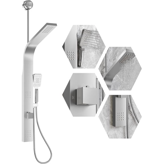Shower Panel Tower System - Rainfall Waterfall Head 2 Body Jets 3 Function Handheld Stainless Steel Wall Mount Brushed Nickel