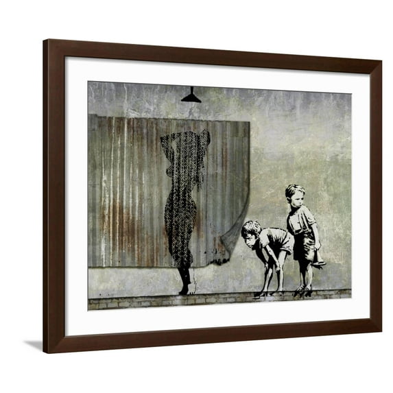 Art.com Shower Peepers Giclee Print by Banksy, Brown Frame Wall Art, 40" x 32"