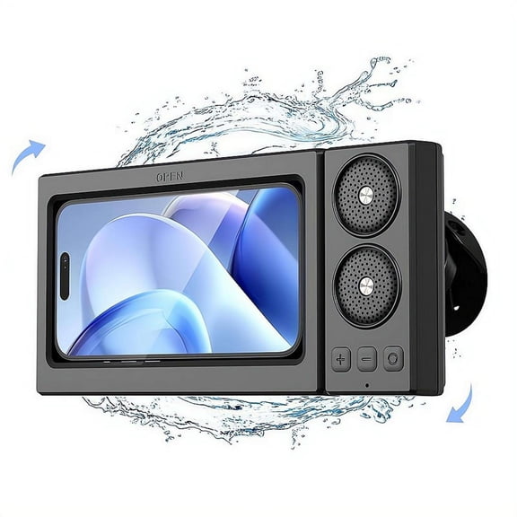 Shower Phone Holder with Bluetooth Speaker, IPX6 Waterproof Wall Mount Case, Rotatable Touchscreen Stand for Bathroom Kitchen, Gifts for Mom Dad Graduation