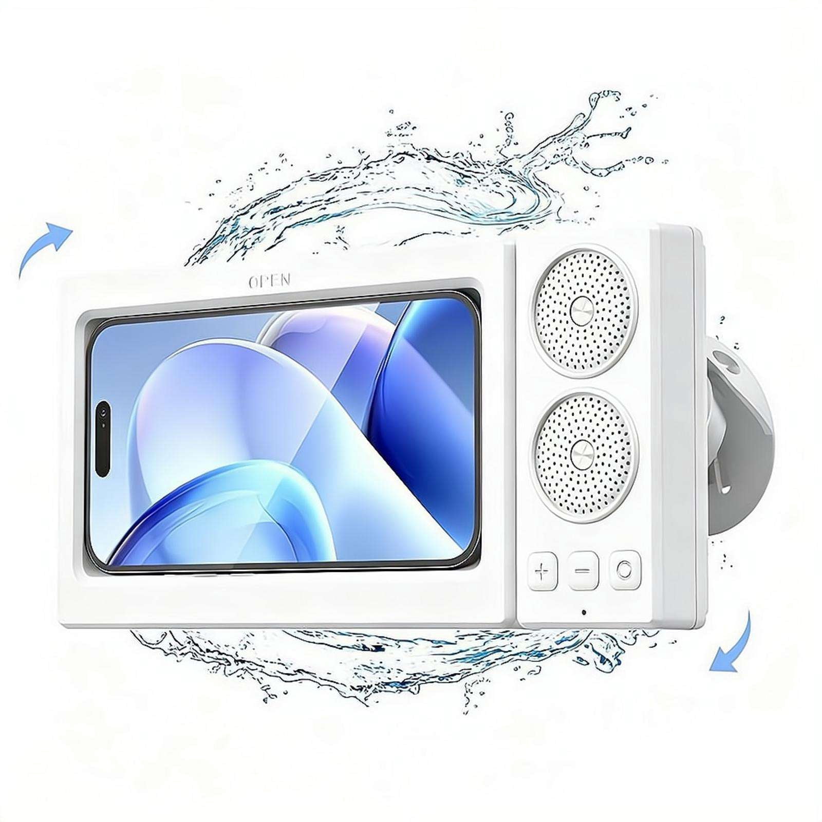 Shower Phone Holder with Bluetooth Speaker, IPX6 Waterproof Wall Mount Case, Rotatable Touchscreen Stand for Bathroom Kitchen, Gifts for Mom Dad Graduation