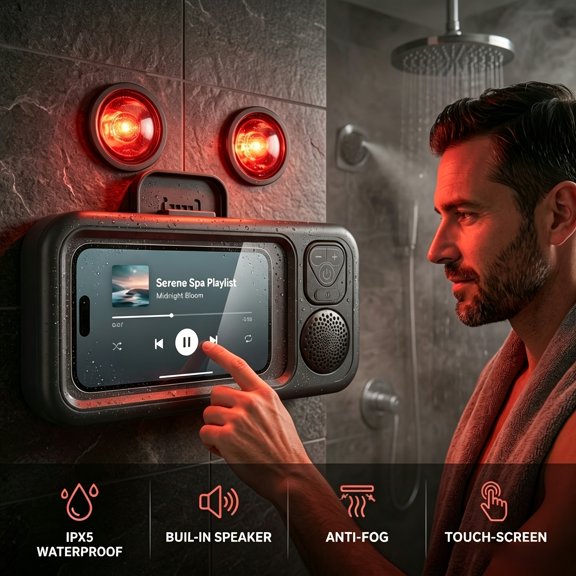 Shower Phone Holder with Built-in Bluetooth Speaker, 360 Degree Rotatable Design, Adhesive Mount Phone Cradle Compatible with All Smartphones for Bathroom Use