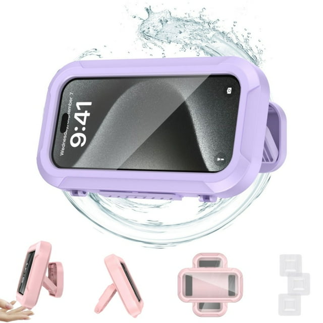 Shower Phone Holder Waterproof, 2026 Upgraded All-Round Waterproof Cell Phone Holder, Anti-Fog High Sensitivity, Multi-Angle Adjustable Wall Mounted Phone Holder, for Bathroom Batheub Kitchen(Purple)