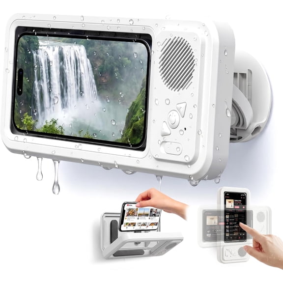 Shower Phone Holder Waterproof with Speaker - Wall Mounted Water Proof Cell Phone Case with Wireless Bluetooth Speaker for Bathroom Mirror - 360 Rotation Hands-Free Holder 7 Inches Phones