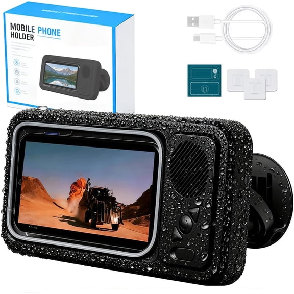 Shower Phone Holder Waterproof with Wireless Bluetooth Speaker, Hands-Free Shower Phone Holder for Any Phone, Wall Mounted Phoneholder for Bathroom Mirror (Black)