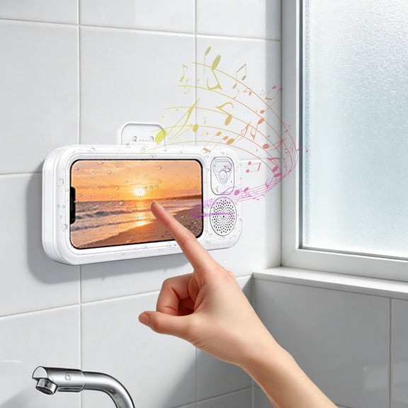 Shower Phone Holder Waterproof with Wireless Bluetooth Speaker, Wall Mount Anti Fog Case 360 Rotatable Extendable Adjustable, Built In Speaker Key Control Screen Touch