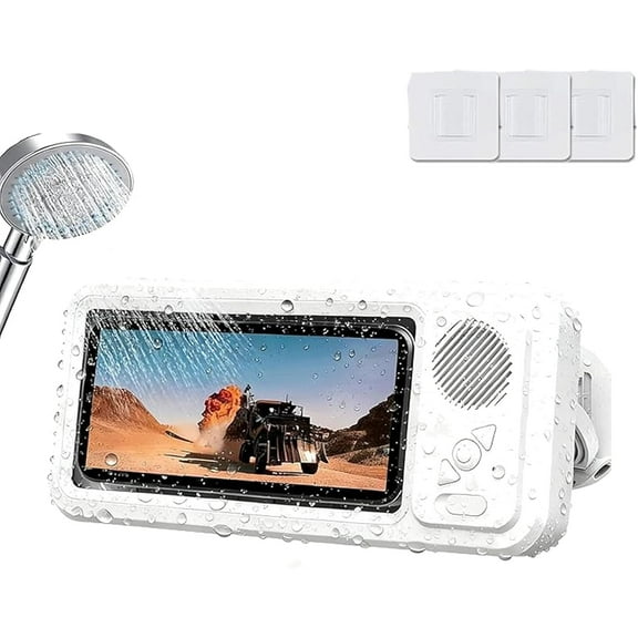 Shower Phone Holder Waterproof with Speaker - Waterproof Box Speaker 360° Adjustable, Screen Touch Punch-Free Play Phone Holder with Speaker