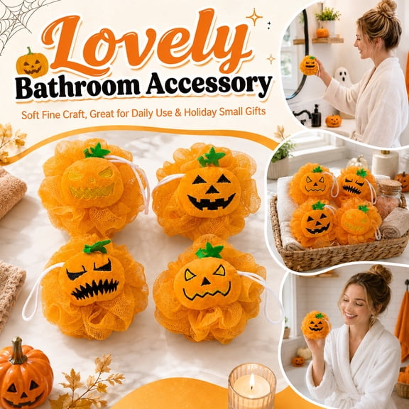 Shower Pouf, Spooky Pumpkin Halloween Shower Accessory, Exfoliating Loofah Mesh Bath Loofah, Hanging Bath Sponge with Hanging Loop, 4 Inch 1Pc Evil Pumpkin Body Pouf for Gentle