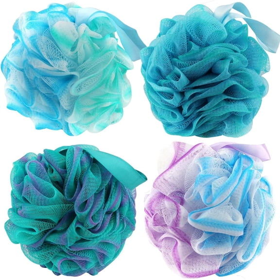 Shower Puff 4 Pack Bath Sponge Shower Loofahs Pouf Ball Mesh Bulk Puffs Large, Shower Essential Skin Care (75g/Piece Multicolor)