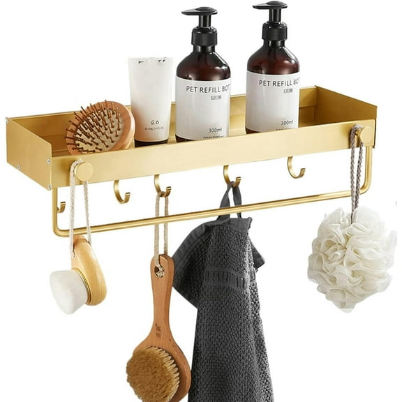 Shower Rack  Bathroom Shelf No Drilling Shower Caddy Wall Mounted Bathroom Shelving with Hook Self Adhesive with Towel Rack Space Aluminum For Bathroom Kitchen,gold,60cm