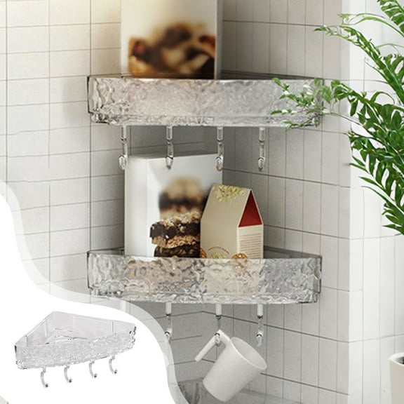 Shower Rack Clear Plastic Suction Shelf | Triangular Bathroom Storage Basket with 4 Hooks | No Drill Organizer for Tile Glass Metal | Glacier Pattern Durable PET | 23x23x7cm | 1 Piece