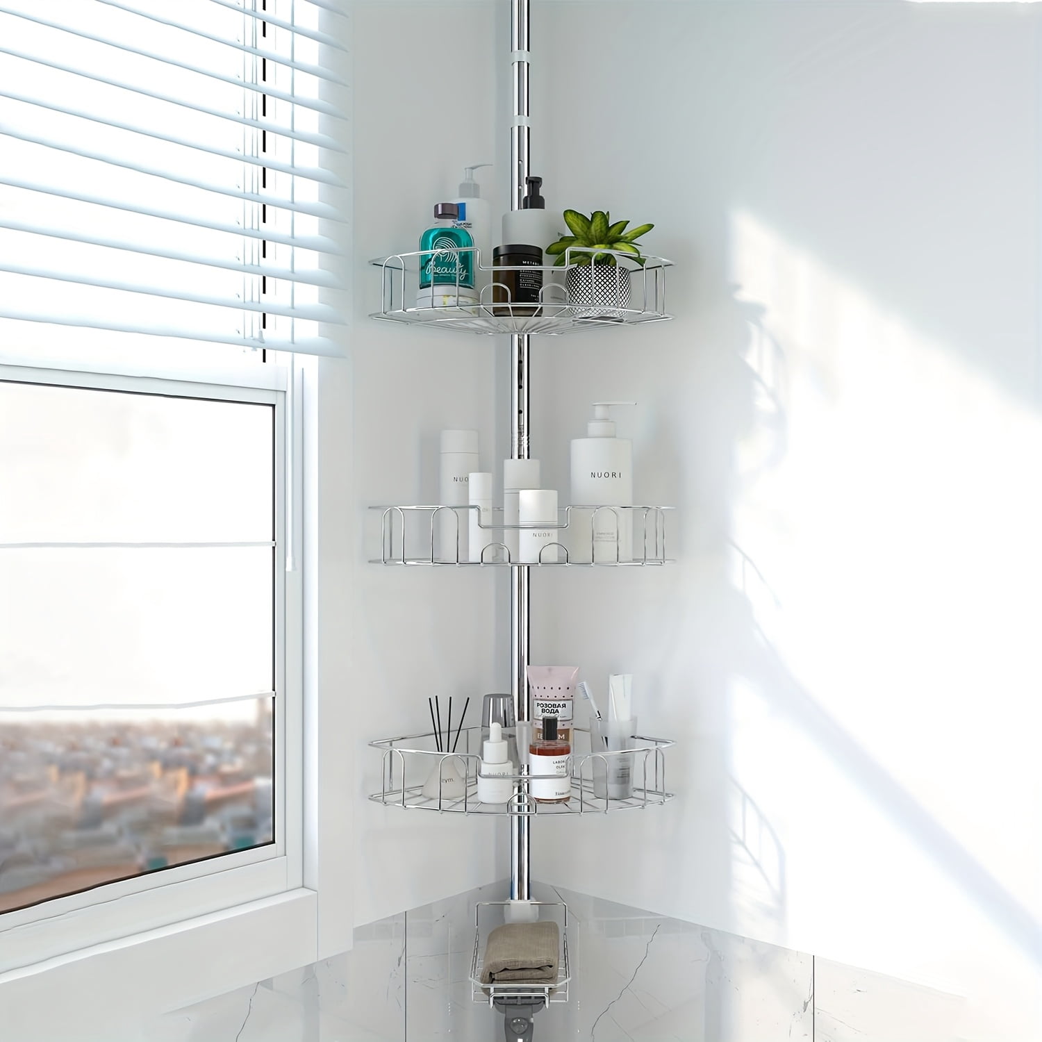 Tension Rack Shower Rack Corner Tension Rod, Stainless Steel Adjustable Floor to ...