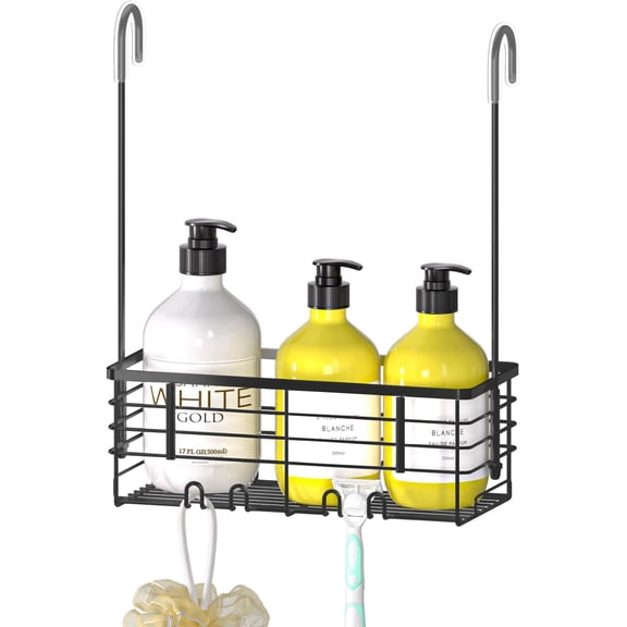 Shower Rack, Shower Organizer  for Bathroom, Shower Rack with Hooks Over the Door, Bathroom Shower  and Basket(Black)