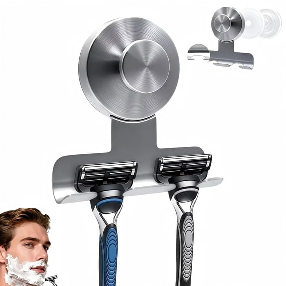 Shower Razor Holder, Sucker Razor Holder for Shower Wall, Waterproof Hooks for Shower Wall, Dual Slot Wall Mount Razor Storage Rack for Bathroom(Brushed Silver)