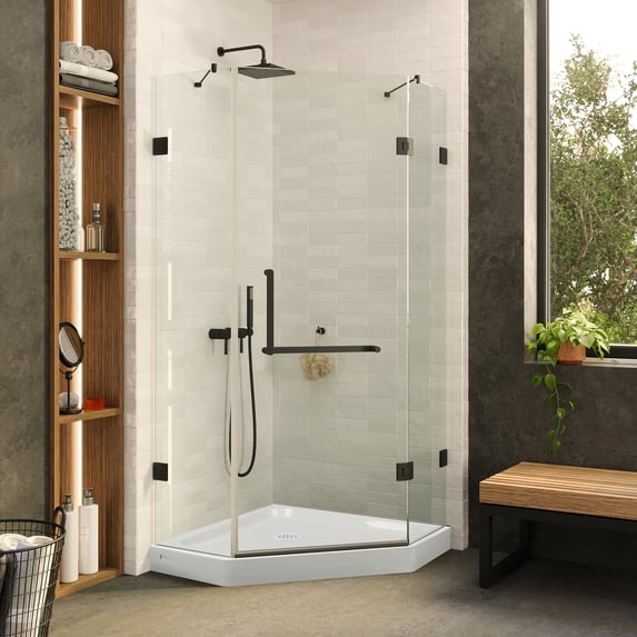 Shower Set for 30" x 30" Space - Neo Angle, Acrylic Shower Base with Compatible Glass Frameless Shower Enclosure - Black Hardware